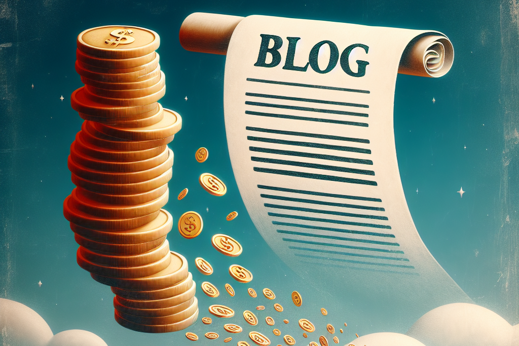 Surreal illustration of a scroll labeled 'BLOG' unraveling into coins above clouds, symbolizing the profitable transformation of a blog