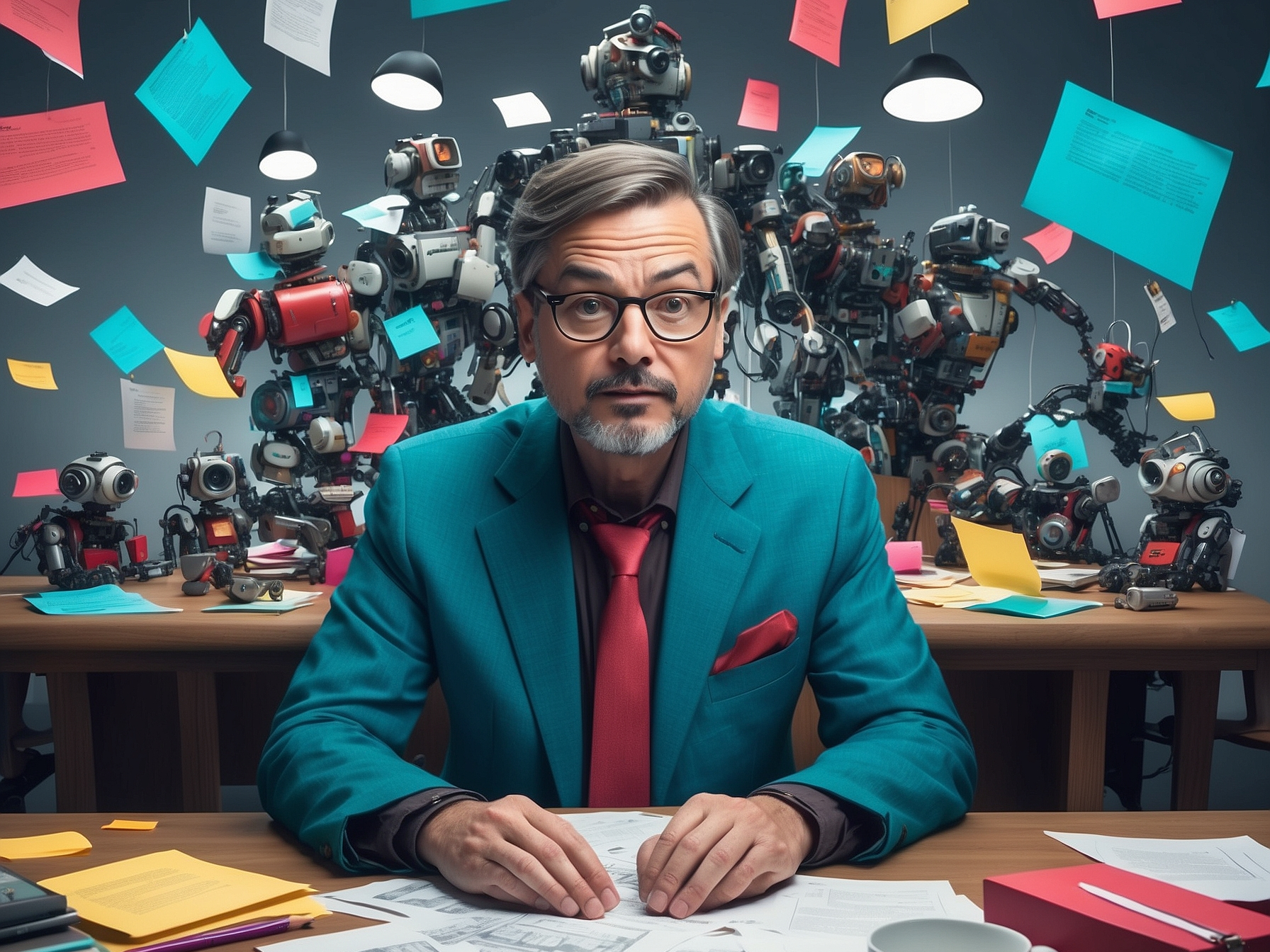 Entrepreneur overwhelmed by AI robots while working at his desk, surrounded by notes and coffee