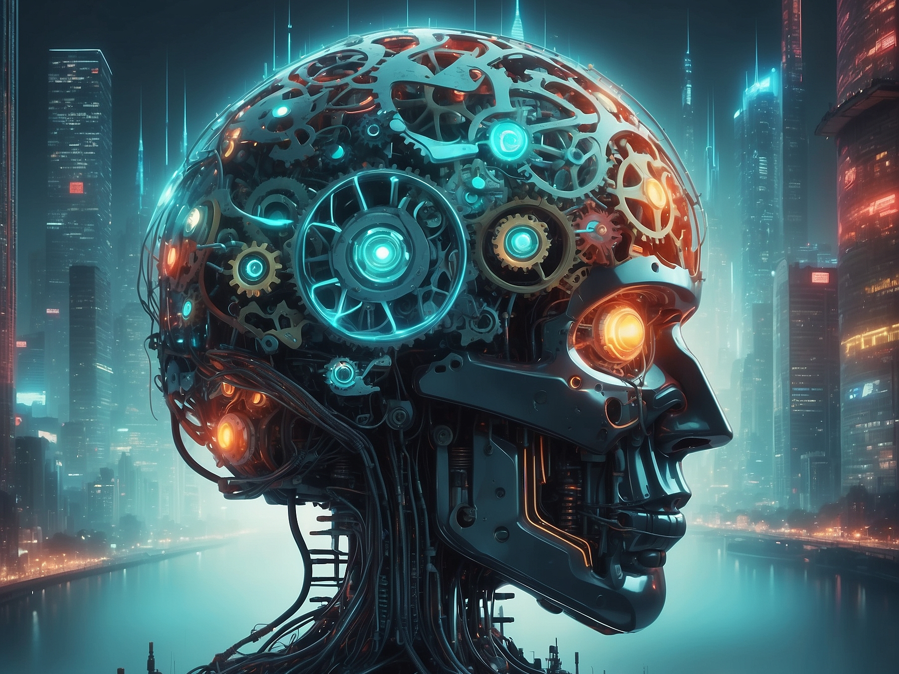 Futuristic AI brain with mechanical parts overlooking a cityscape at night