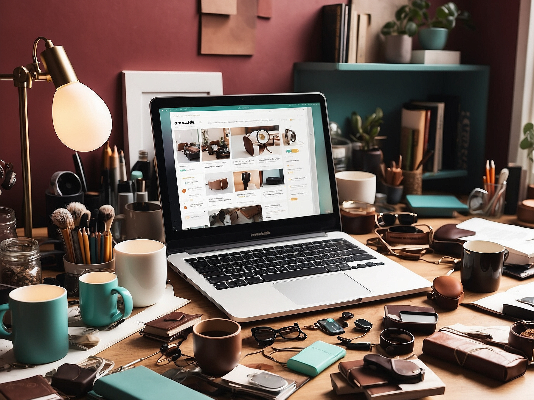 A home office setup with a laptop displaying an e-commerce website, surrounded by various blogging essentials like notebooks, pens, and coffee cups on a well-organized desk.