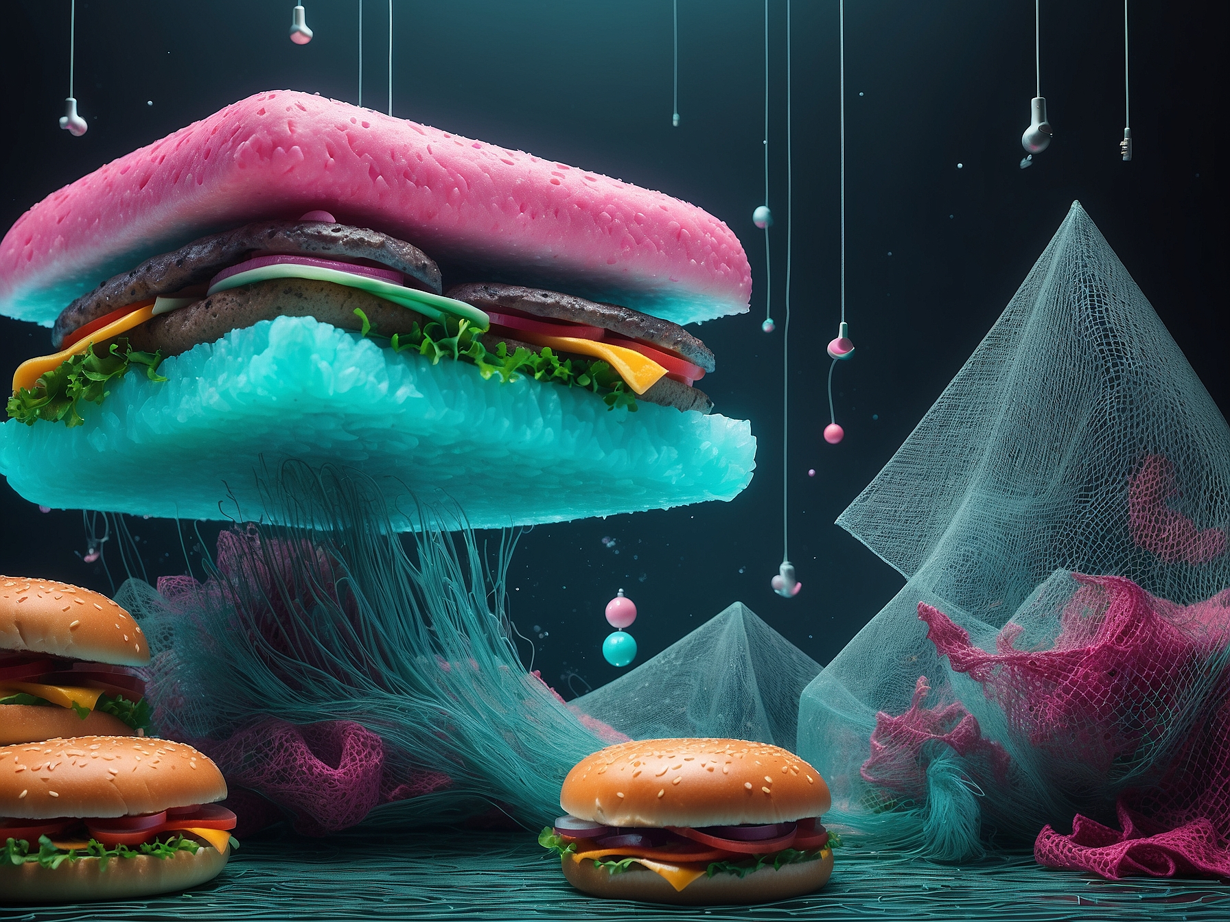 Surreal digital art of floating burgers with vibrant colors in a whimsical, futuristic setting