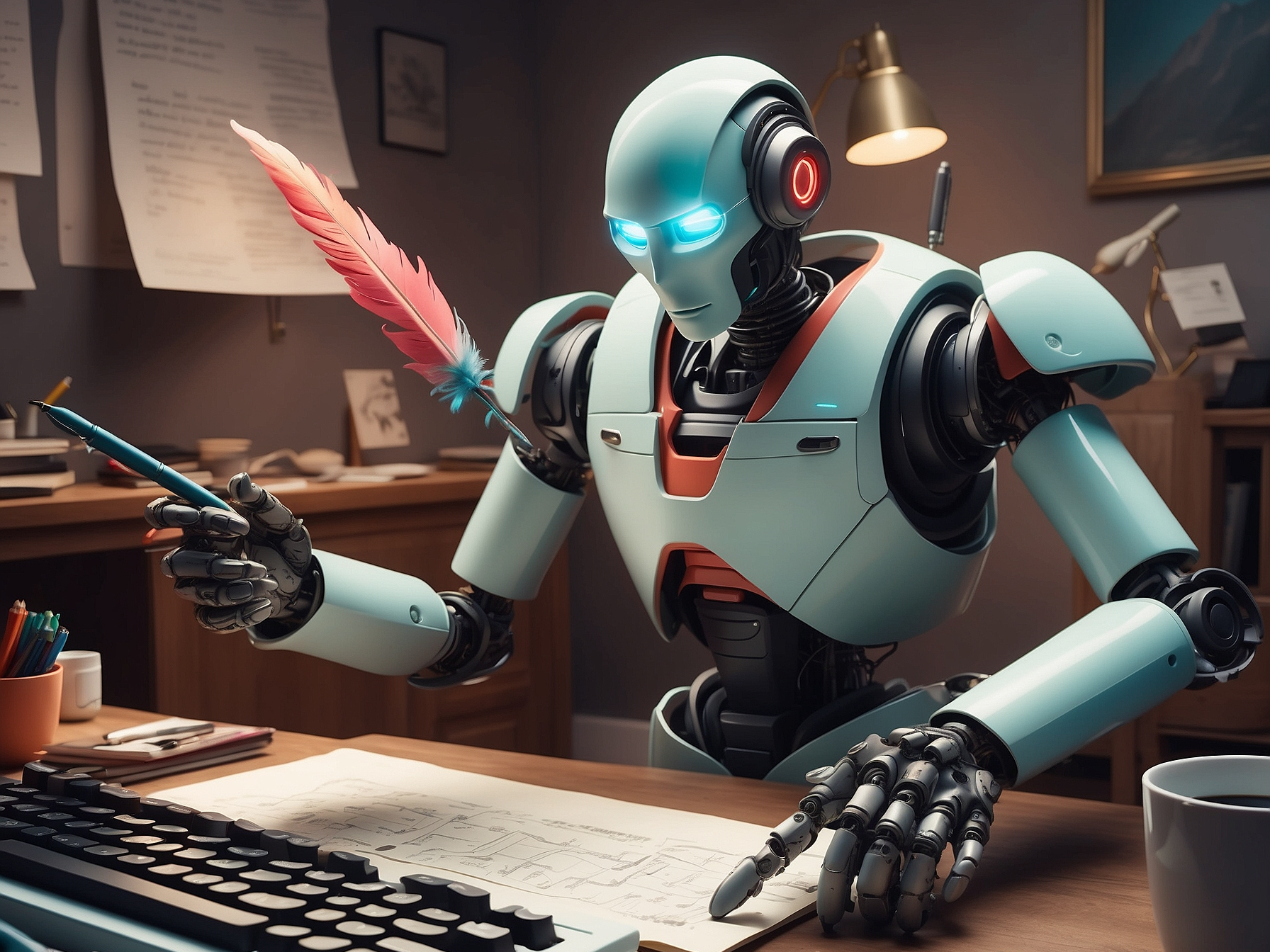 A robot writing with a quill pen, symbolizing the blend of advanced AI technology with traditional human creativity