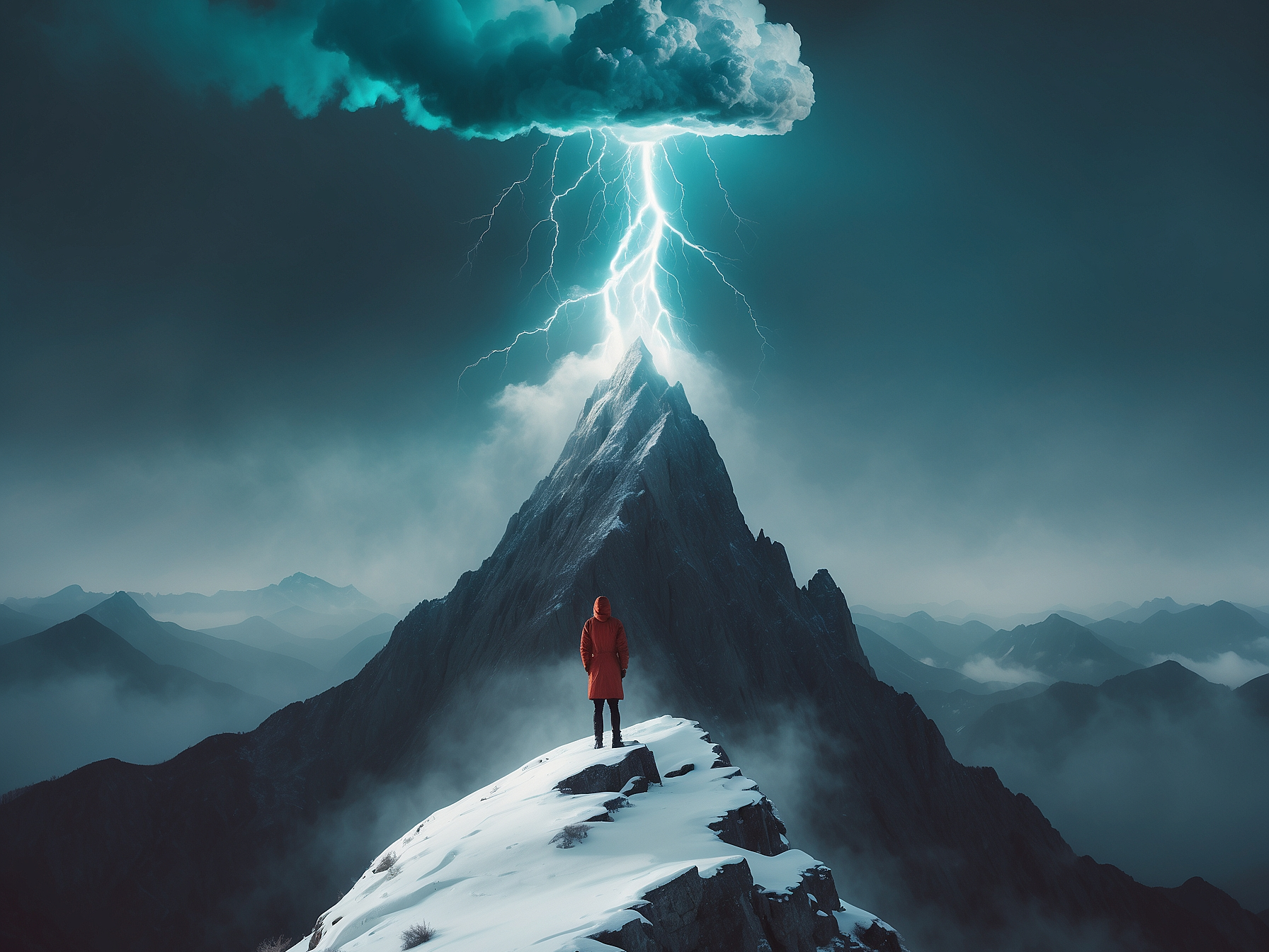 A figure in a red jacket stands at the peak of a snowy mountain under a stormy cloud with vivid lightning