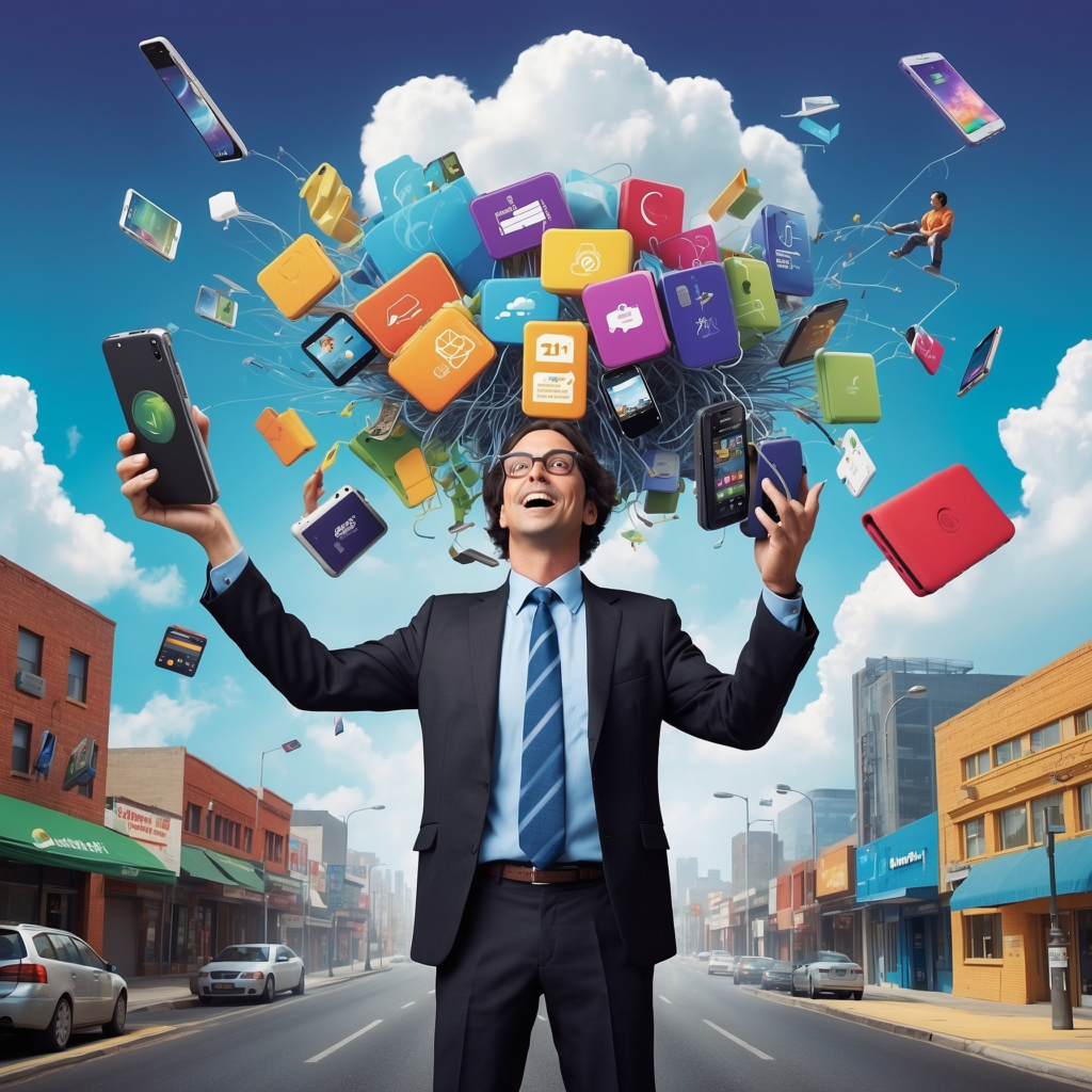 Businessman juggling an array of mobile phones and apps symbolizing Telstra's extensive network of services