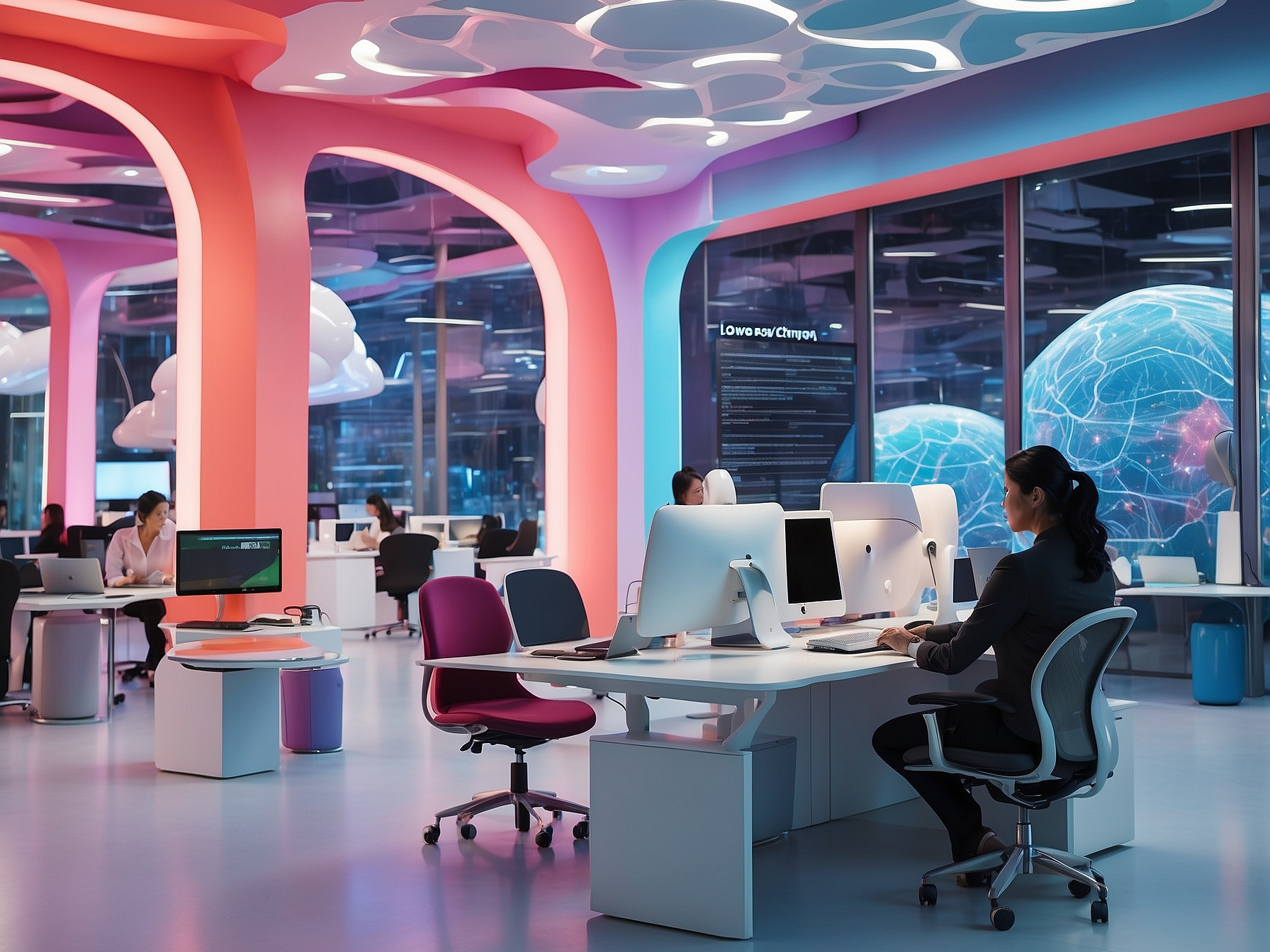 Futuristic office environment depicting Telstra's integrated technology services with vibrant lighting and digital globes