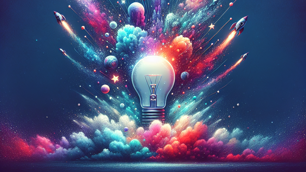 A vibrant illustration of a light bulb with rockets and celestial bodies bursting out, symbolizing innovation and the startup journey.