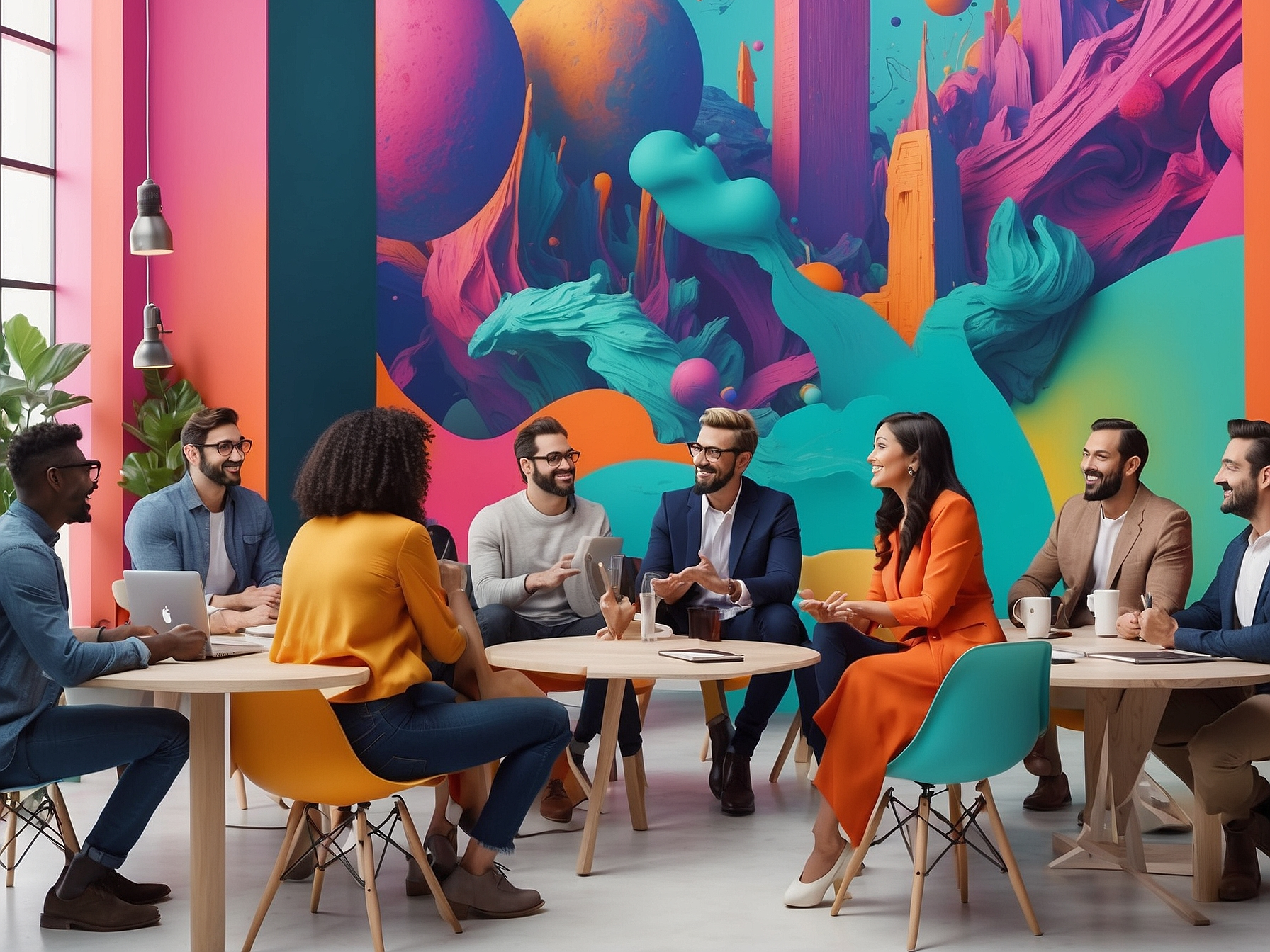 Dynamic meeting of diverse business professionals with a vibrant, abstract cityscape mural in the background