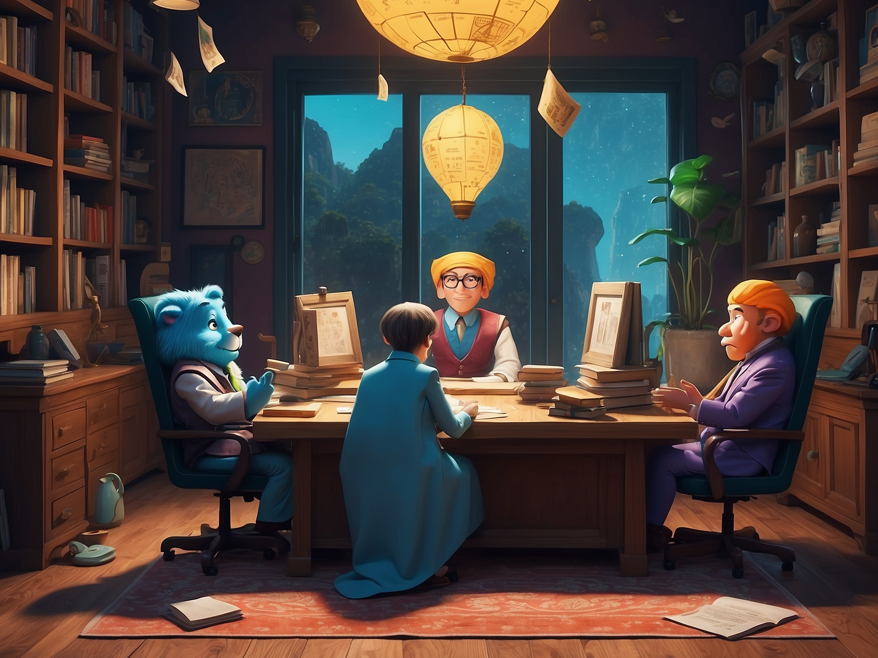 Animated brainstorming session with a lion, a woman, and a man in a whimsical office, featuring a hot air balloon lamp and scattered papers.