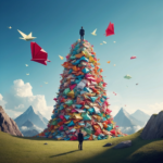 A man standing atop a mountain of colorful paper planes, symbolizing creativity and innovation in branding for startups.