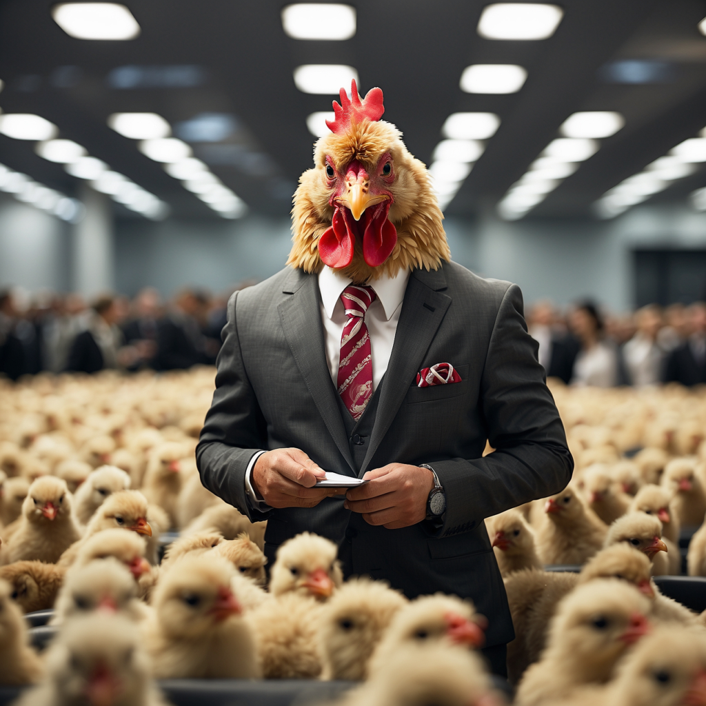 A humorous image of a chicken-headed businessman in a suit, symbolizing Chick-fil-A's marketing strategies, surrounded by many chicks representing market reach and appeal