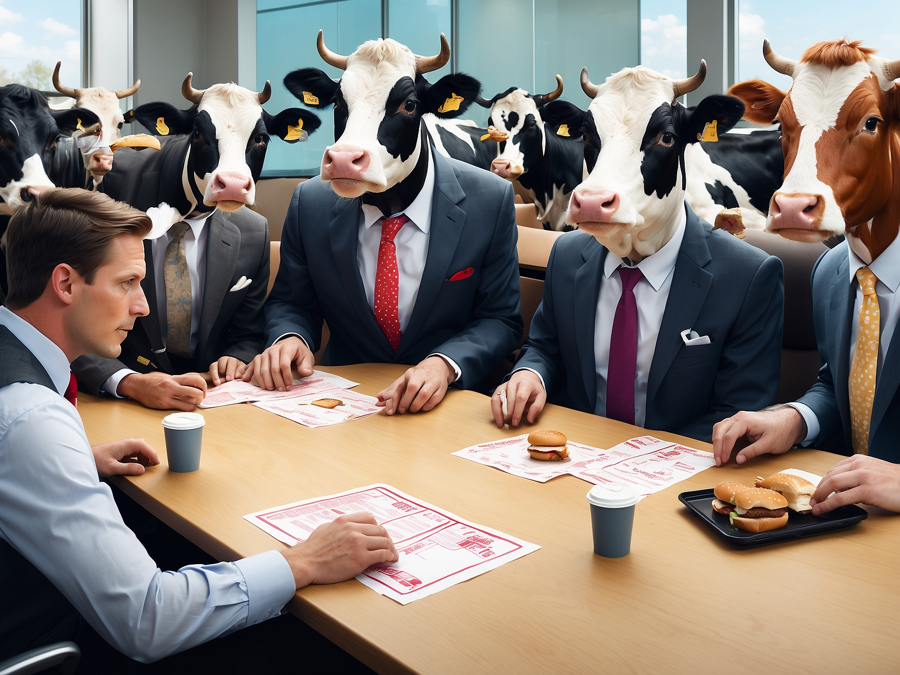 Cows in business attire sitting around a boardroom table in a humorous representation of a corporate meeting