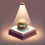 Illustration of a stylized chicken sandwich spotlighted on a stack of books