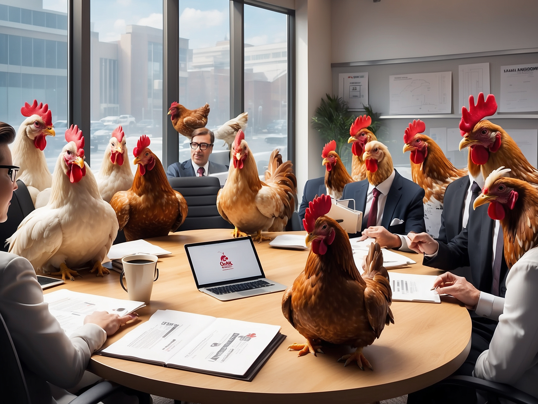 Illustration of a business meeting with chickens representing Chick-fil-A's management team around a conference table, humorously depicting the company's structured yet flexible management style.