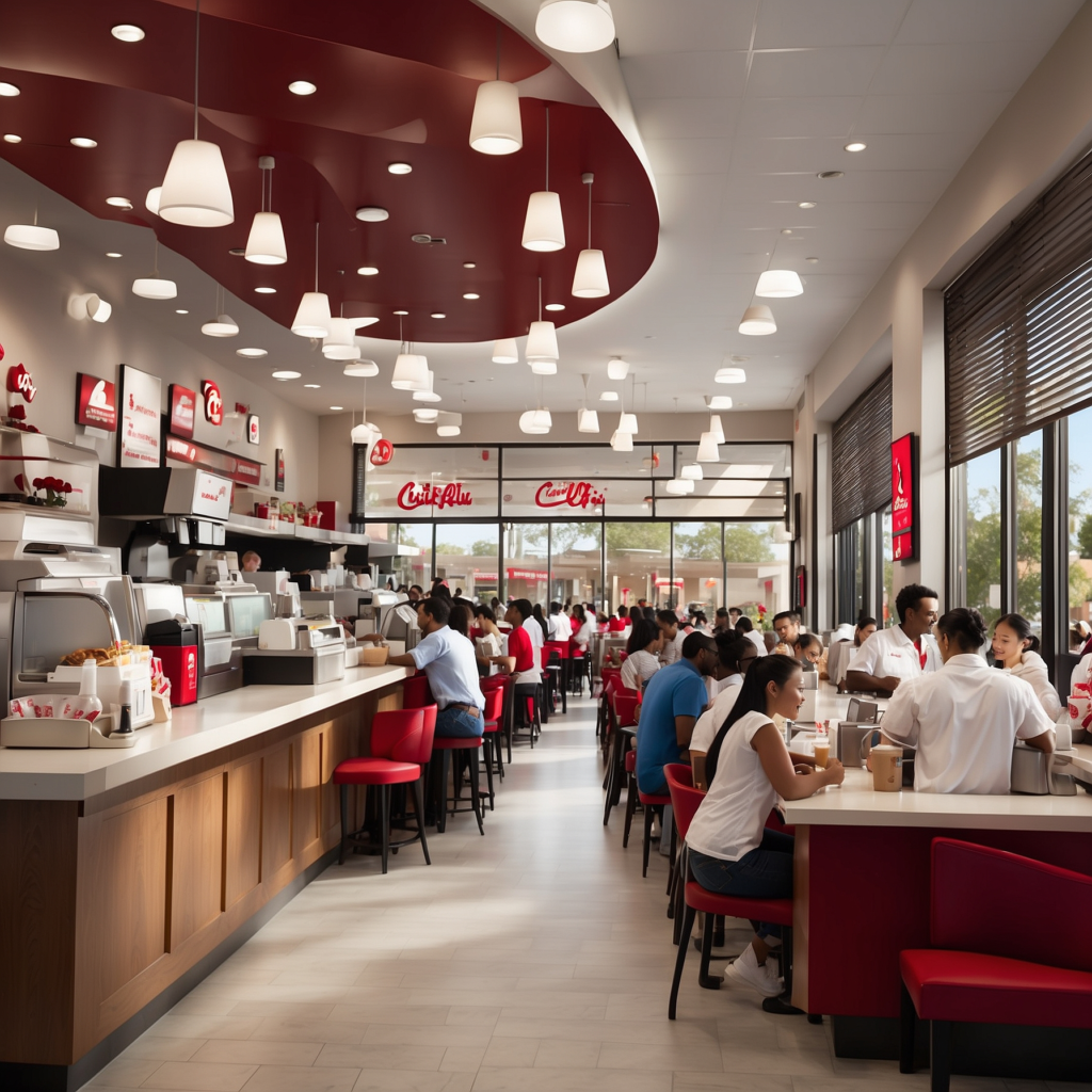 Busy Chick-fil-A restaurant interior showing employees serving and customers dining