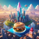 Whimsical image of a giant Chick-fil-A sandwich on a platter over a futuristic cityscape with crystal towers and flying birds, symbolizing strategic business growth