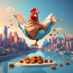 Abstract low-poly illustration of a giant chicken soaring above a city skyline with chicken nuggets displayed underneath, highlighting supply chain challenges.