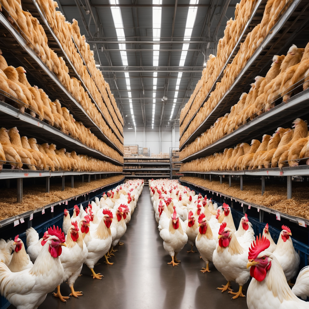 Chickens in a modern industrial farming facility representing Costco's vertical integration strategy