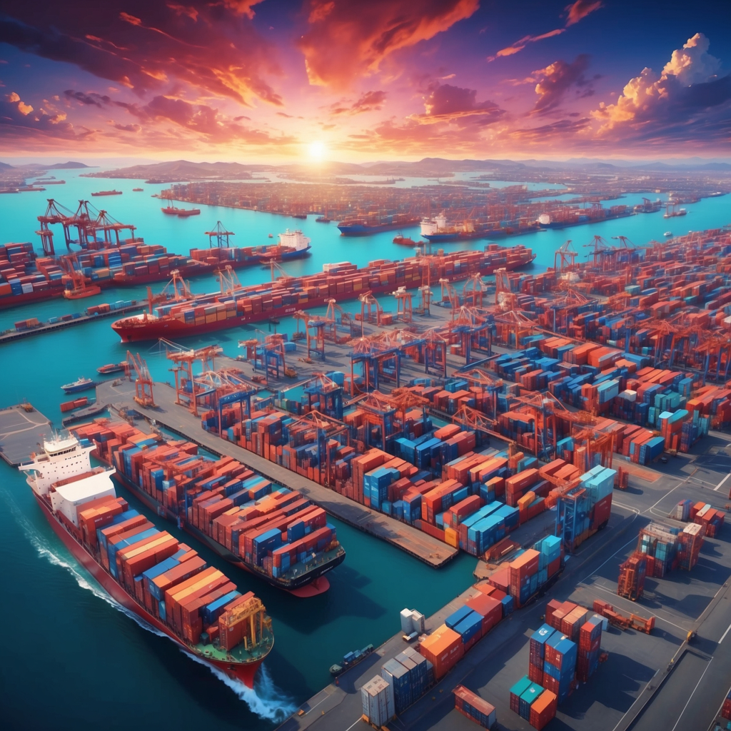 Aerial view of a busy container port at sunset, illustrating the complexities of supply chain management