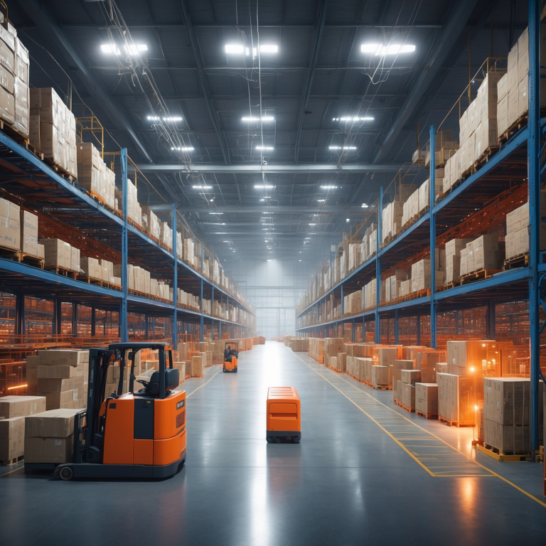 Modern warehouse with high shelves packed with boxes, lit by overhead lights, showcasing efficient supply chain operations