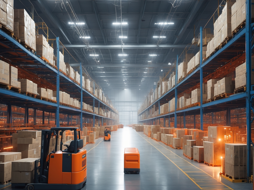 Modern warehouse with high shelves packed with boxes, lit by overhead lights, showcasing efficient supply chain operations