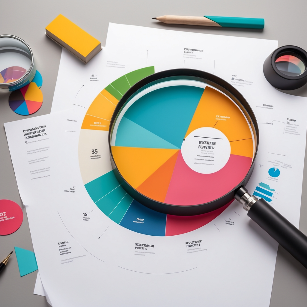 Colorful pie chart under a magnifying glass symbolizing detailed analysis of startup metrics and unit economics