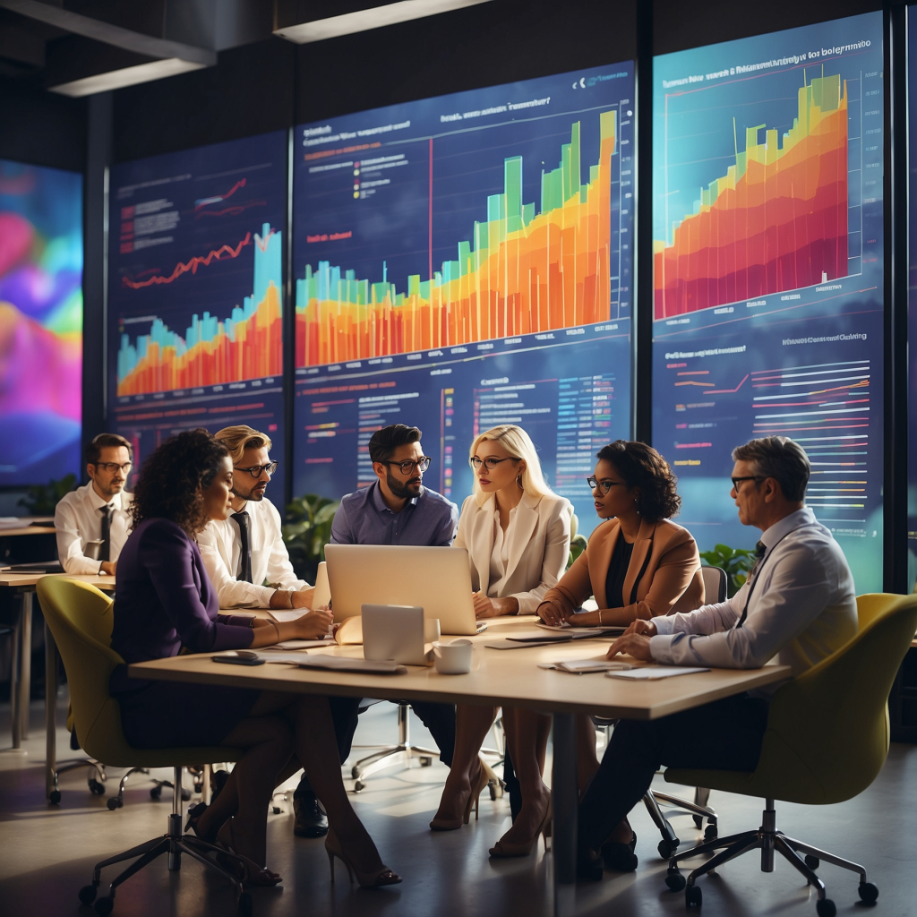 A diverse team of business professionals analyzing startup metrics and unit economics on digital displays in a modern office setting