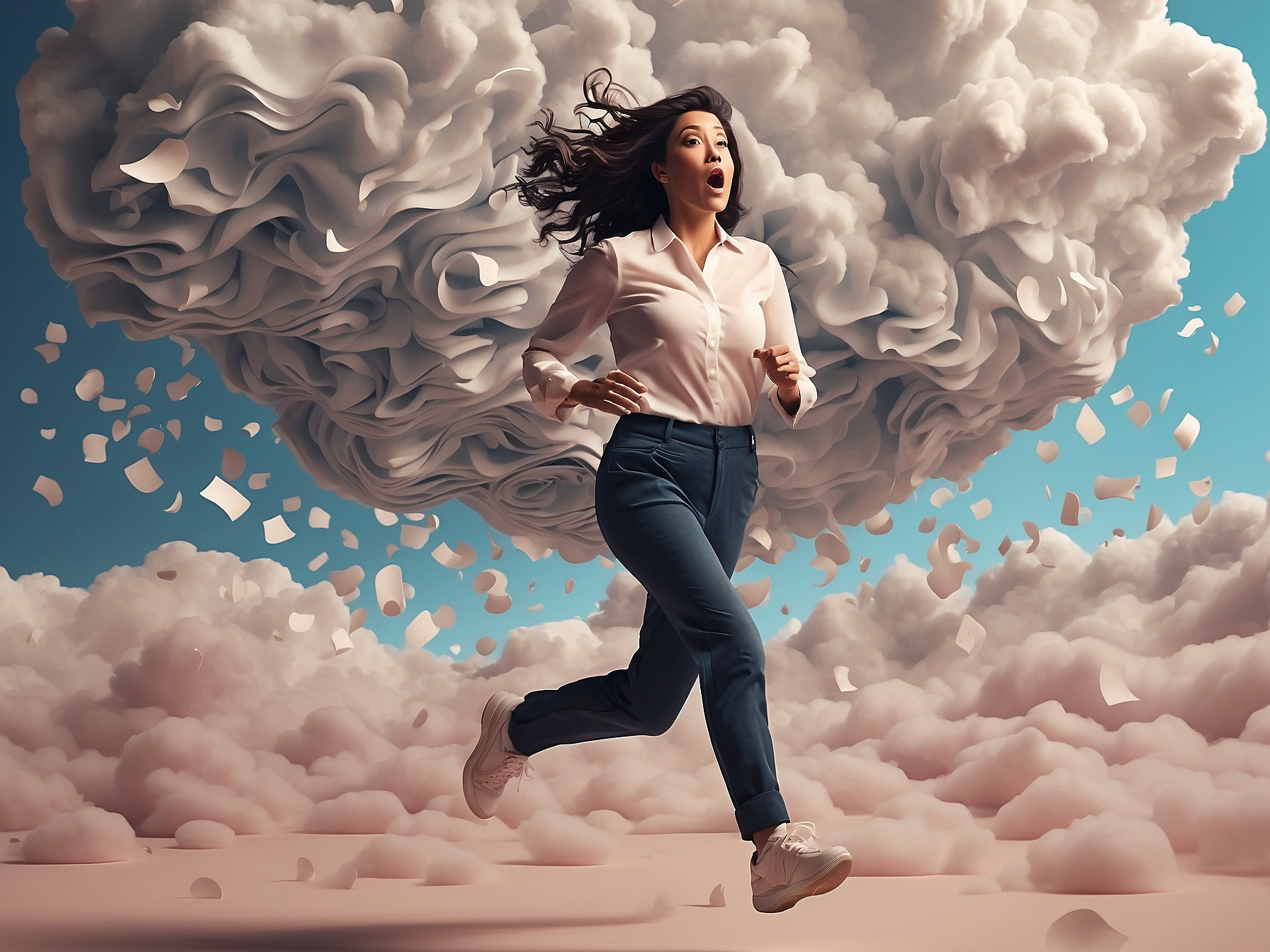 A woman running from a massive cloud made of papers and documents, symbolizing data privacy threats