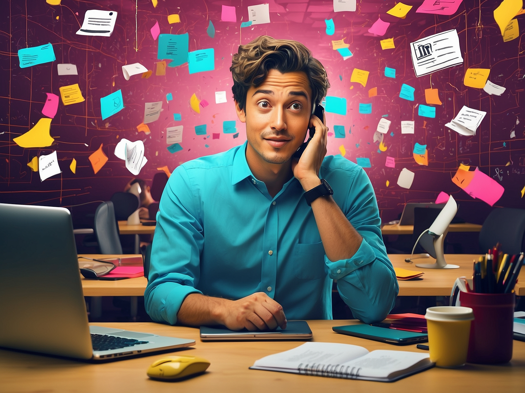 A young entrepreneur overwhelmed by data privacy concerns, surrounded by floating colorful notes with privacy terms