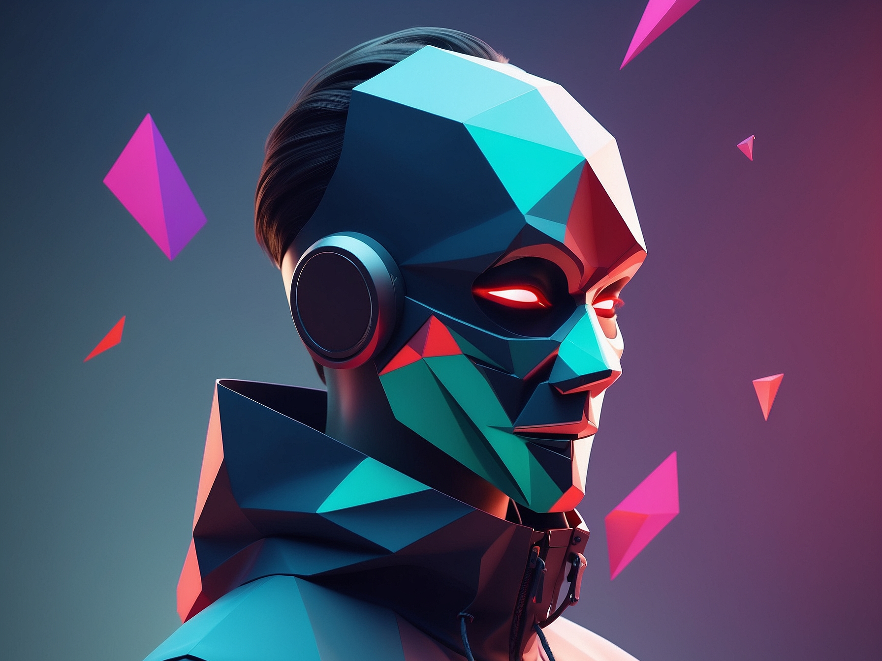 Low-poly portrait of a face with digital mask and geometric shapes, symbolizing data privacy and digital identity