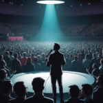 Illustration of a man with a microphone addressing a large audience, representing a SaaS company engaging with customer feedback