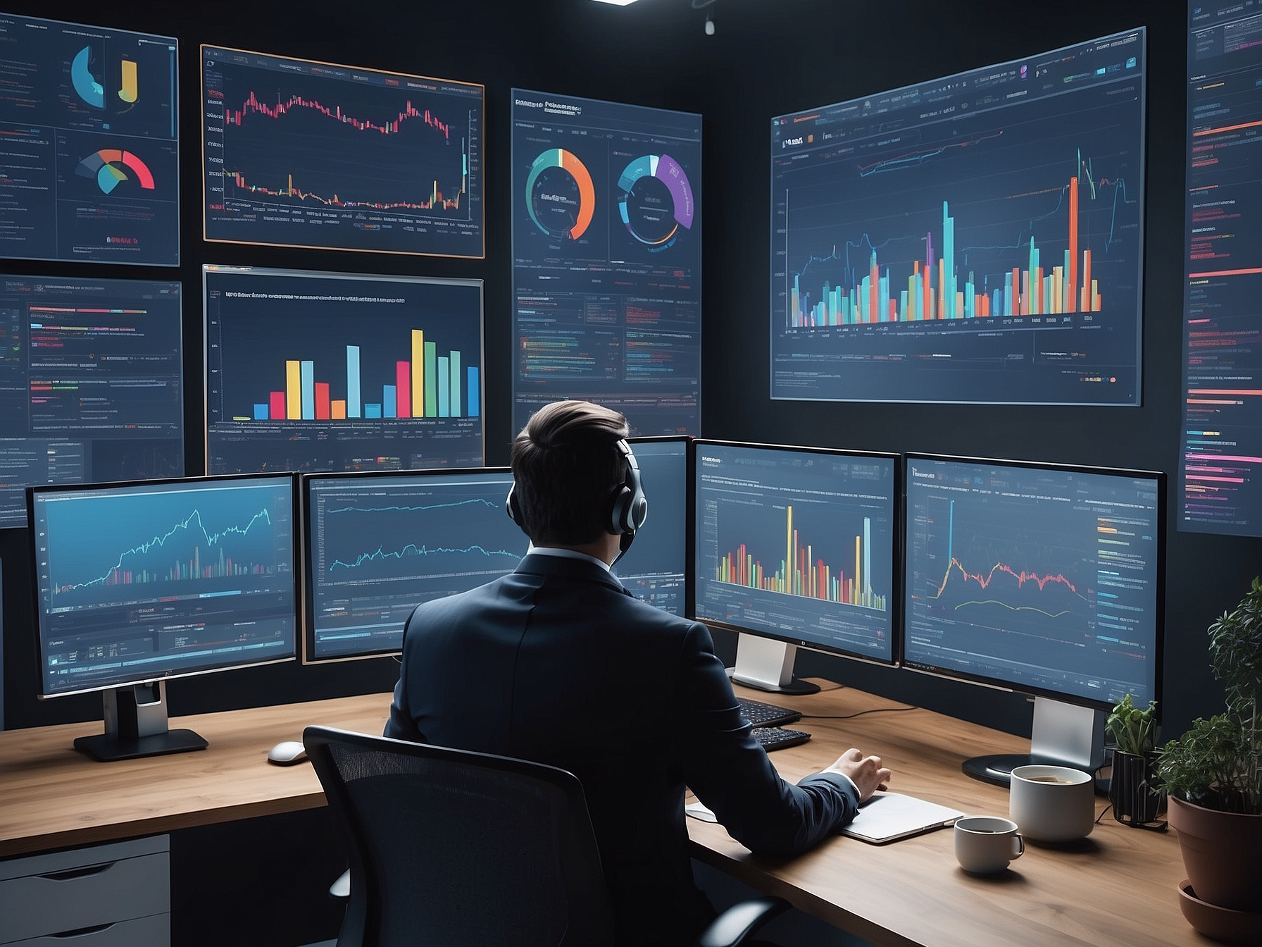 Professional analyzing data on multiple screens showing various market analytics and graphs in a high-tech office setting