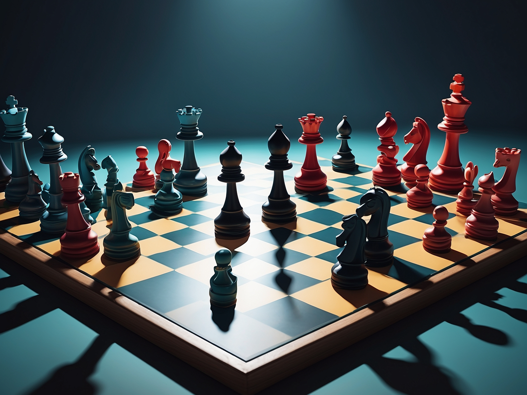 Strategic chessboard with red and blue chess pieces positioned for a competitive game, symbolizing business strategy and market competition.