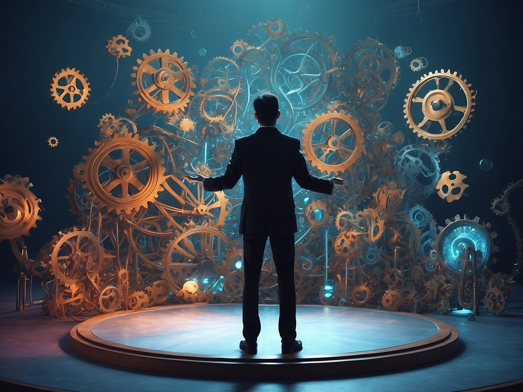 Product manager surrounded by floating gears and cogs symbolizing innovation and strategic planning