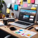 Organized workspace with a laptop showing a mountain landscape on the screen, surrounded by coffee, plants, and productivity tools