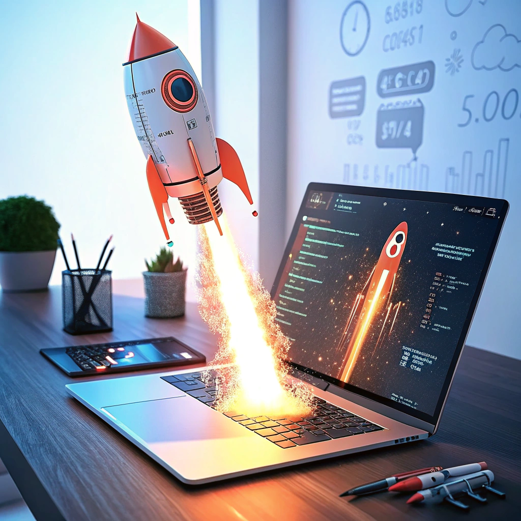 Rocket launching from a laptop screen symbolizing career advancement through online education