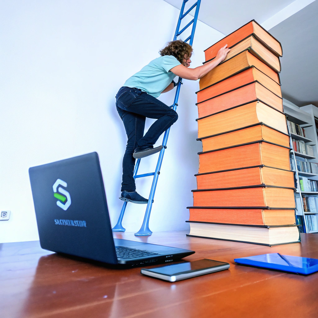 A person climbing a ladder to reach the top of a tall stack of books next to a laptop with the Springboard logo, illustrating the pursuit of knowledge
