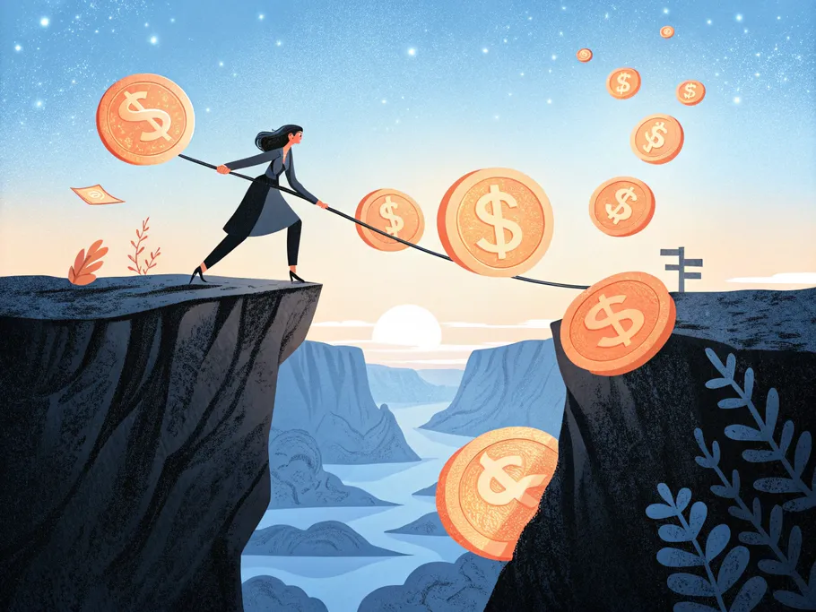 Illustration of a woman balancing on a tightrope over a canyon, reaching out to grab floating coins, representing female investing and financial empowerment