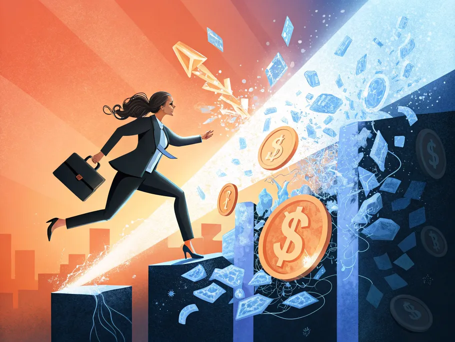 Illustration of a dynamic female entrepreneur breaking through barriers in the finance industry
