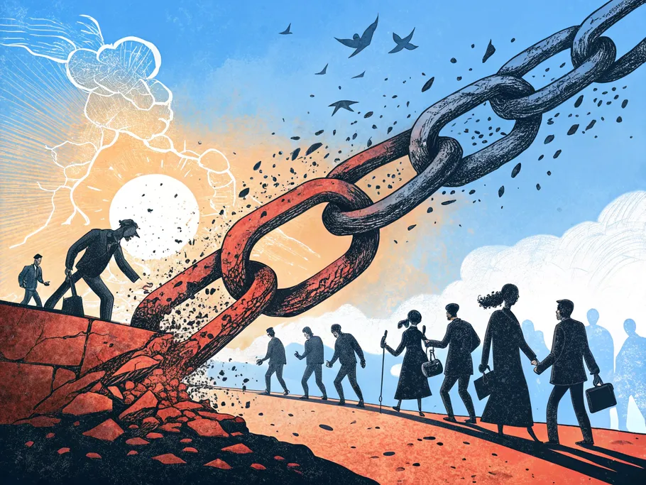 Illustration of diverse people breaking free from a chain, symbolizing empowerment and breaking barriers in finance