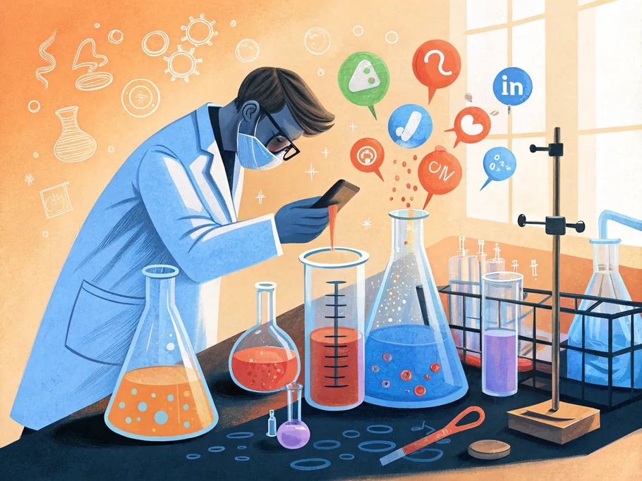 Illustration of a scientist mixing solutions in beakers with social media icons floating around, symbolizing strategic experimentation in digital marketing