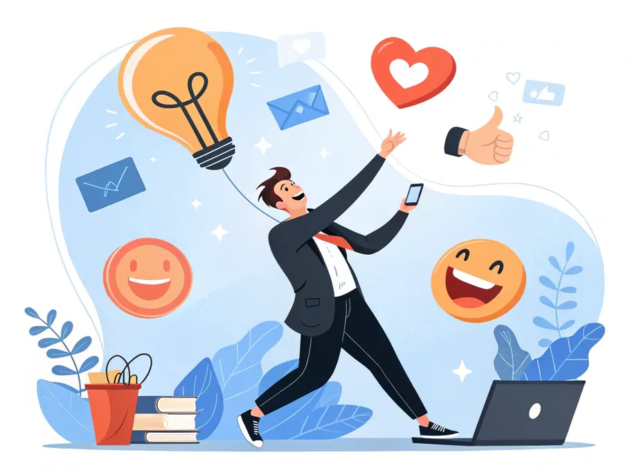 Illustration of a man walking with a phone, tied to a floating light bulb, surrounded by symbols like a heart, thumbs up, smiley, and internet icons