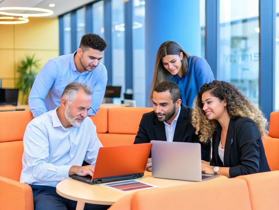 A diverse team of professionals strategizing international market entry over laptops in a modern office setting