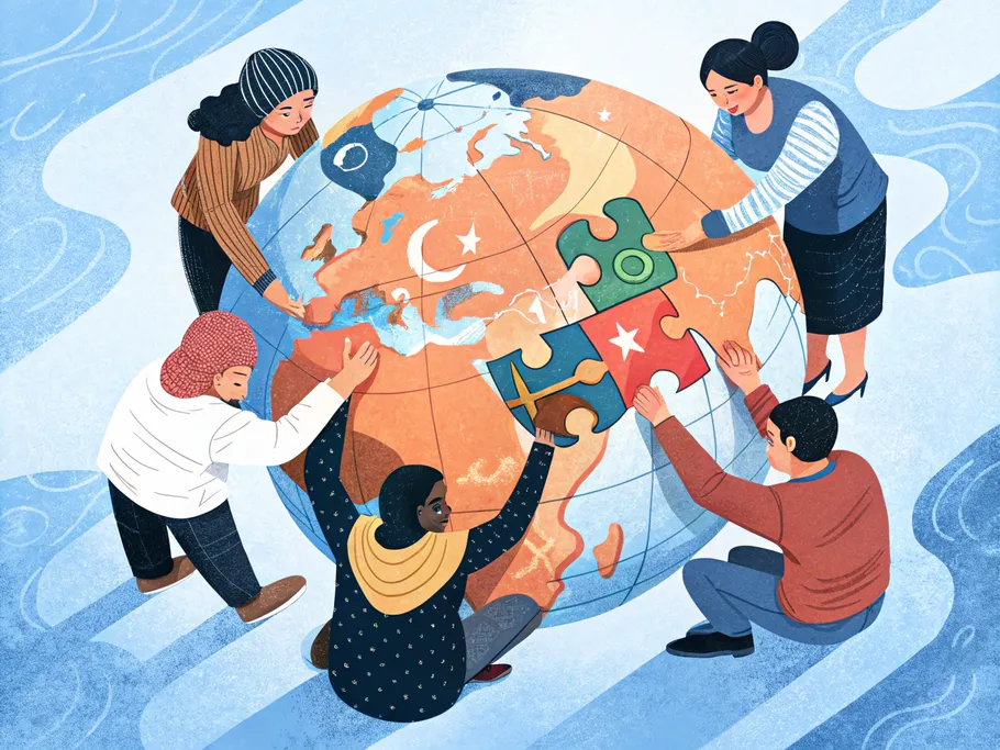 Diverse group of people assembling a puzzle shaped like a world map, symbolizing collaboration in global market entry