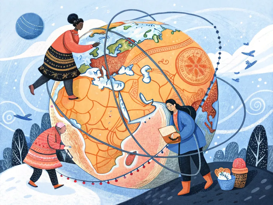 Illustration of three diverse individuals collaboratively mapping global connections on an oversized, stylized world globe surrounded by cultural and technological symbols
