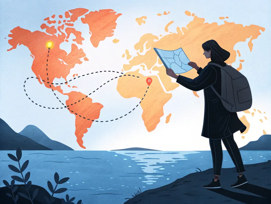 Illustration of a businesswoman with a backpack looking at a map in front of a stylized world map highlighting global market entry strategies.
