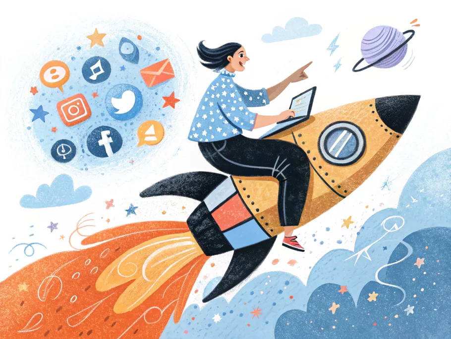 Woman on a rocket navigating a galaxy of social media icons like Facebook, Twitter, and Instagram