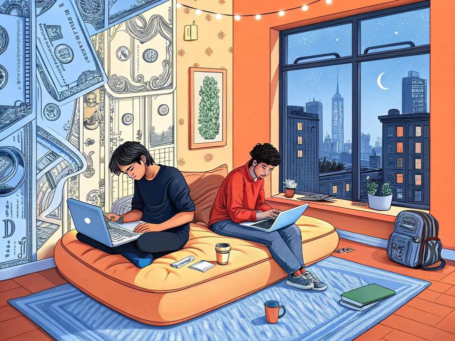 Two professionals working on laptops in a well-lit room with large cityscape windows, surrounded by marketing and business strategy visuals