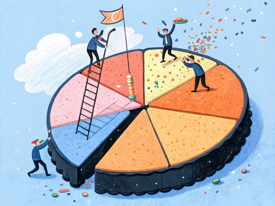 Illustration of diverse professionals competing to increase their market share on a large, colorful pie chart