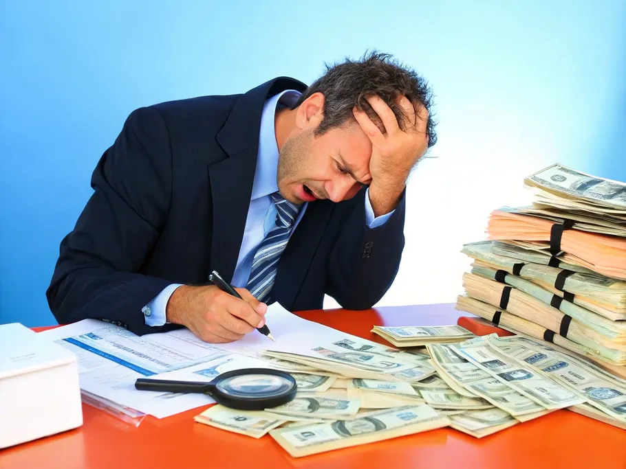 Stressed businessman with hands on head sitting at a desk covered in stacks of money and paperwork
