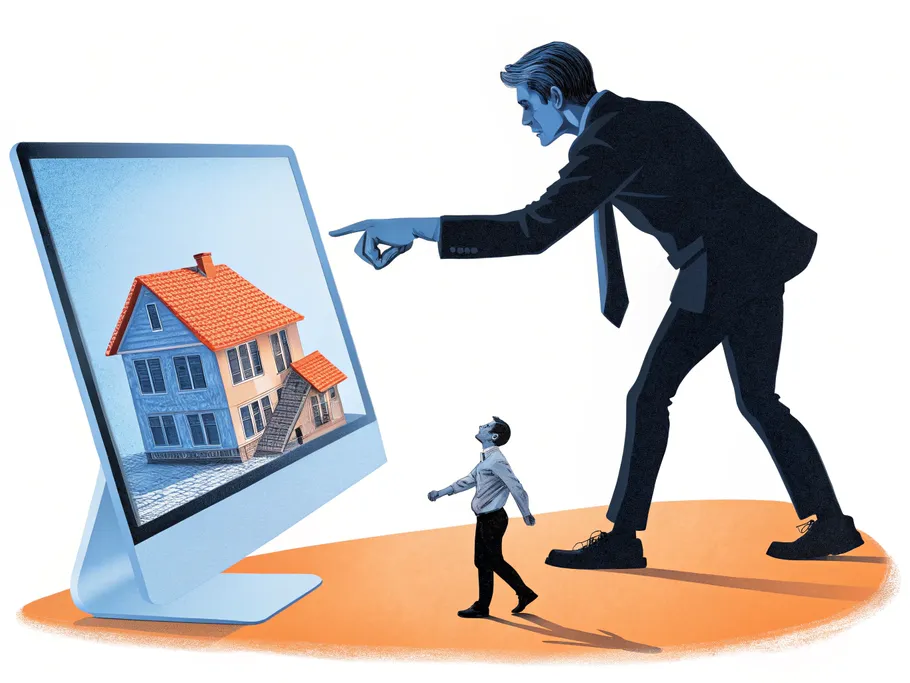 Illustration of a giant businessman pointing towards a computer screen displaying a house, with a smaller businessman looking on, symbolizing strategic acquisitions in horizontal integration.